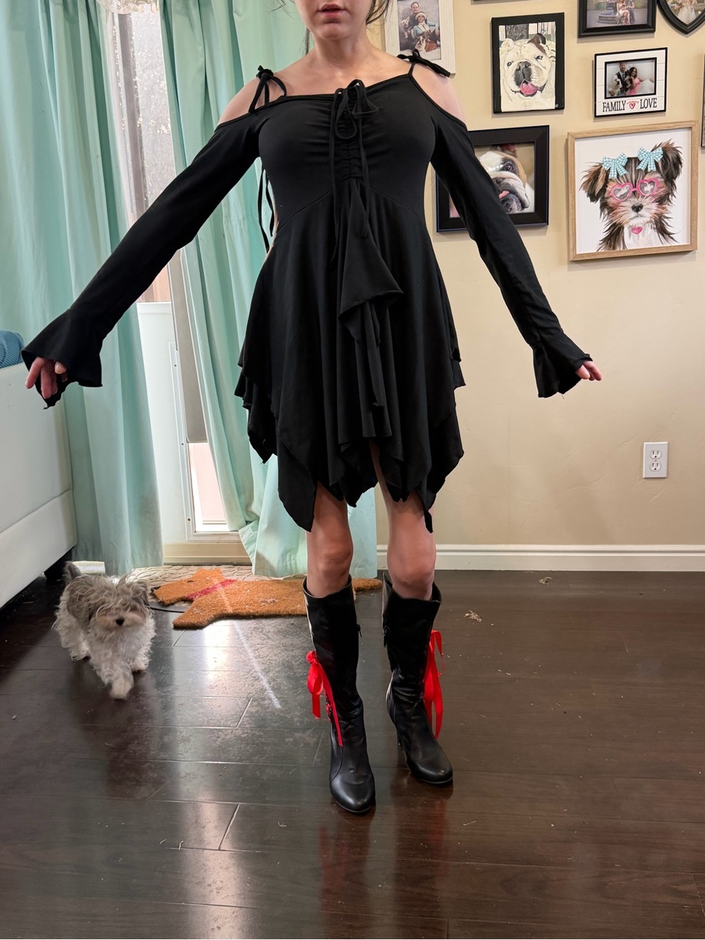 Cold-Shoulder Black Layered Handkerchief-Hem Dress possible witch costume.